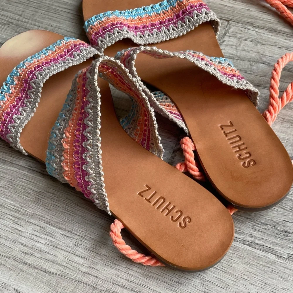 SHUTZ Crochet Knit Sandals Rope Ankle Tie 2 Strap Foot Peach/Pink/Blue SZ 8